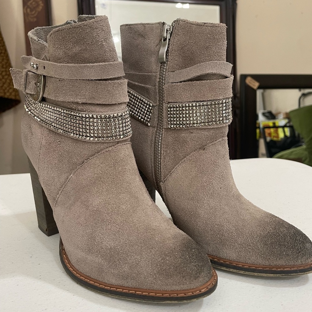 Chinese Laundry Gray Heeled Boots with Rhinestone Strap